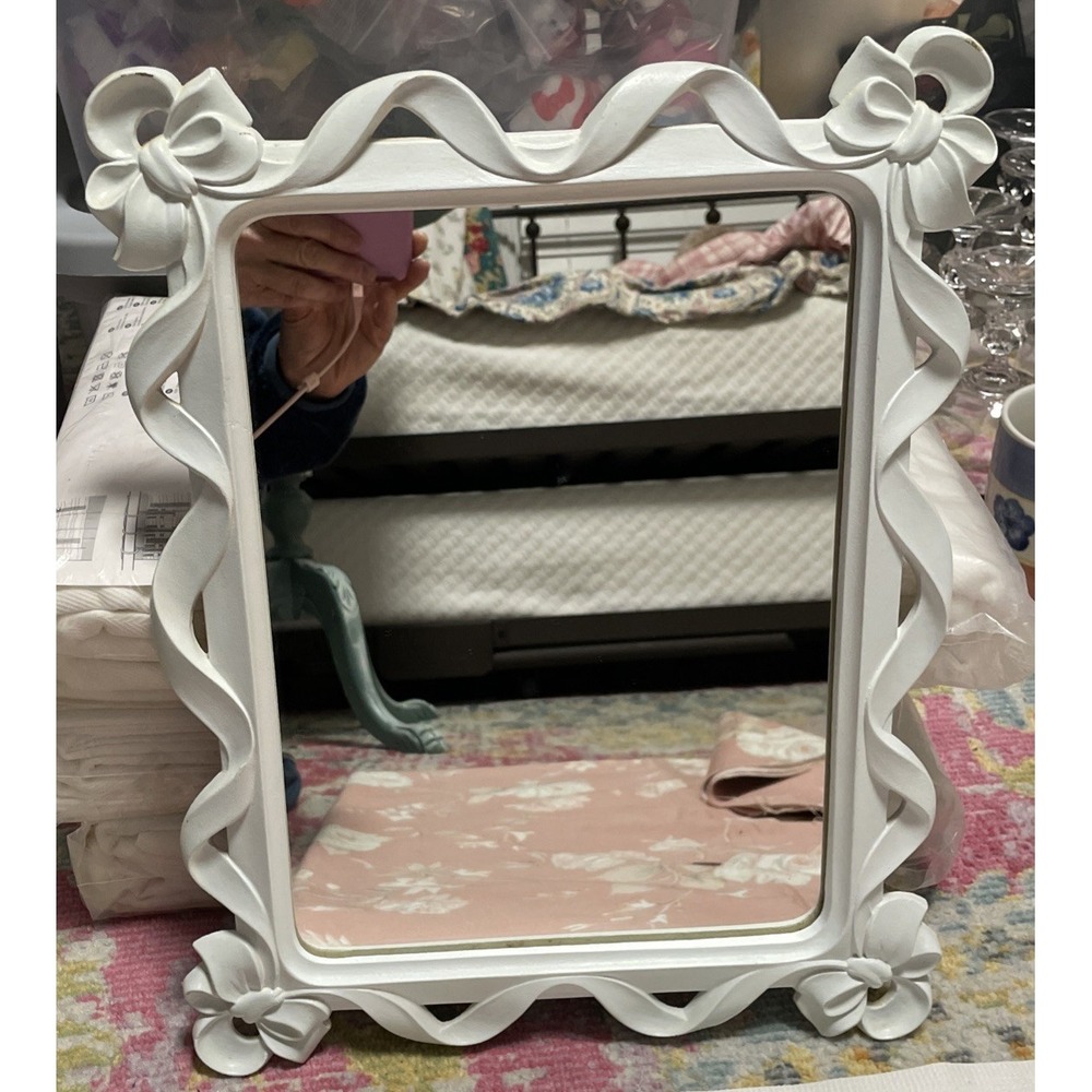 Vintage Syroco Wood Mirror Frame Bows Ribbon Cottagecore Shabby  Chic Hanging